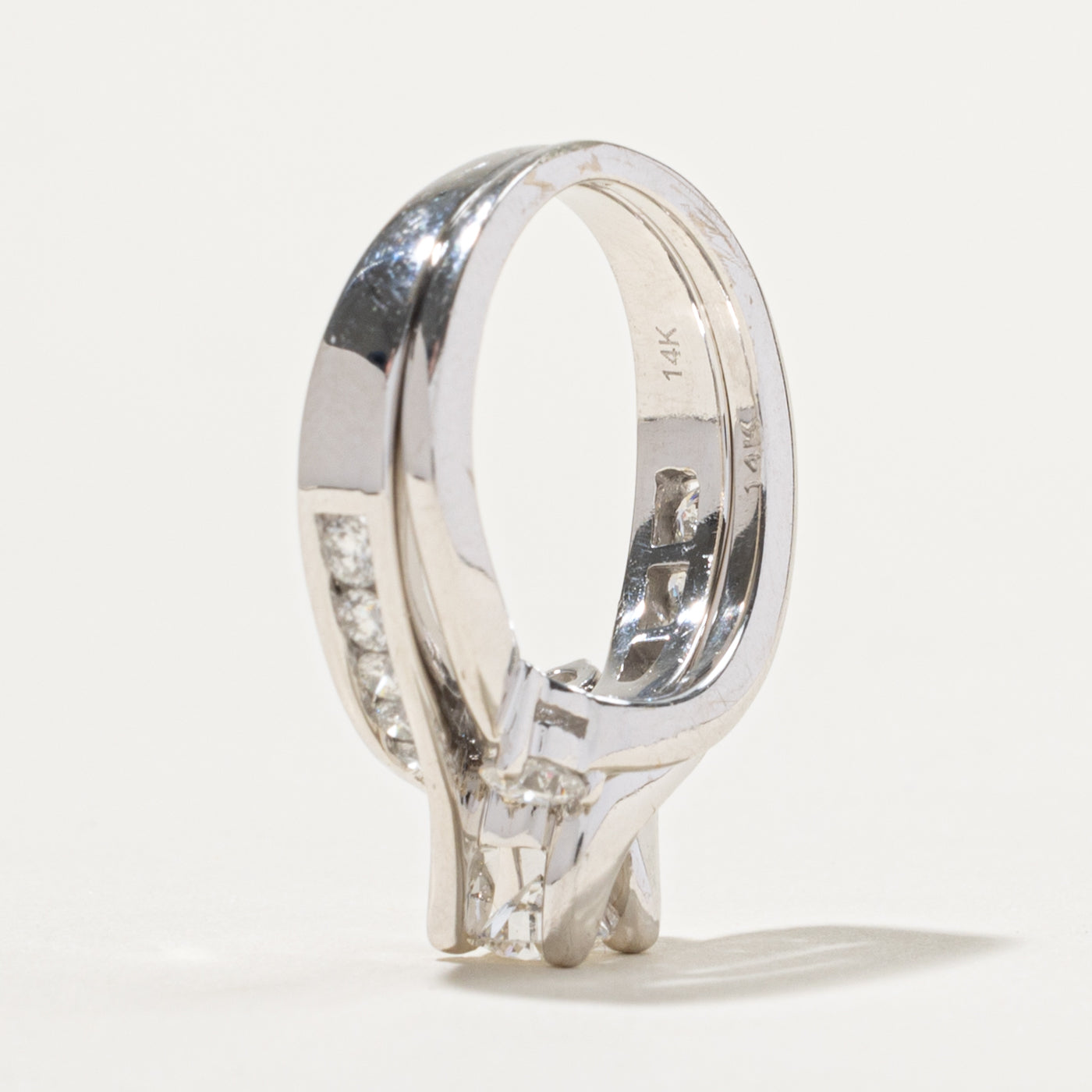 14k Three Stone Diagonal Set Diamond Wedding Ring Set | 0.81ctw | SZ 5