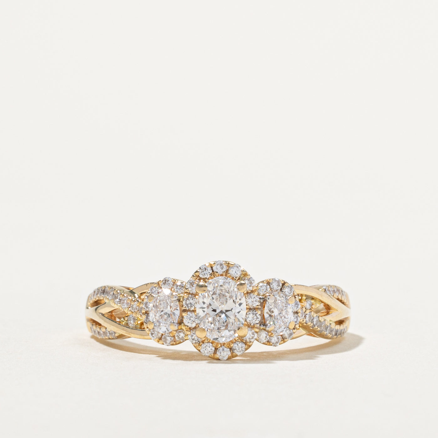 ‘Vera Wang’ 14k Three Stone Diamond Halo Ring | 0.98ctw | SZ 9.75