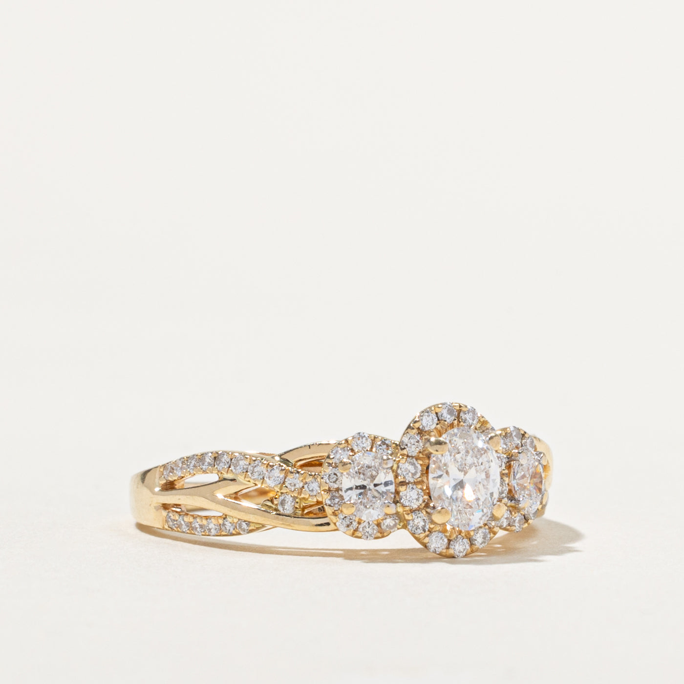 ‘Vera Wang’ 14k Three Stone Diamond Halo Ring | 0.98ctw | SZ 9.75