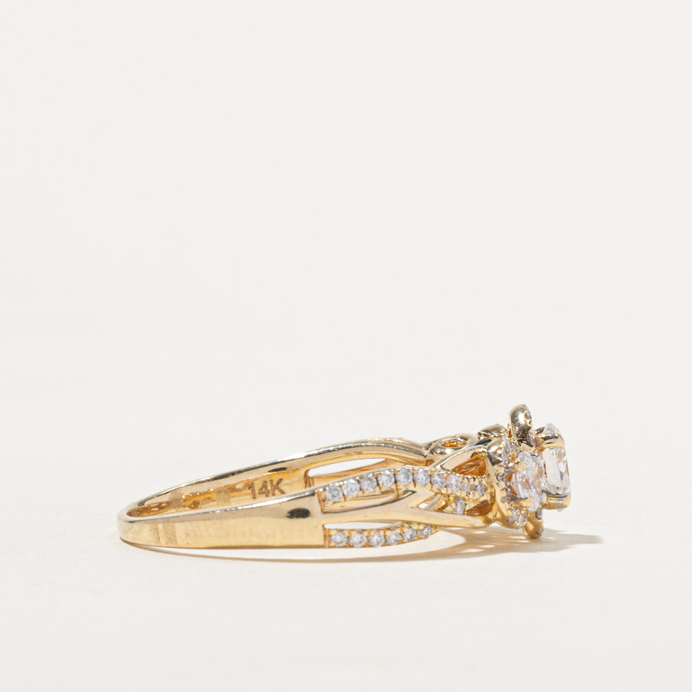 ‘Vera Wang’ 14k Three Stone Diamond Halo Ring | 0.98ctw | SZ 9.75
