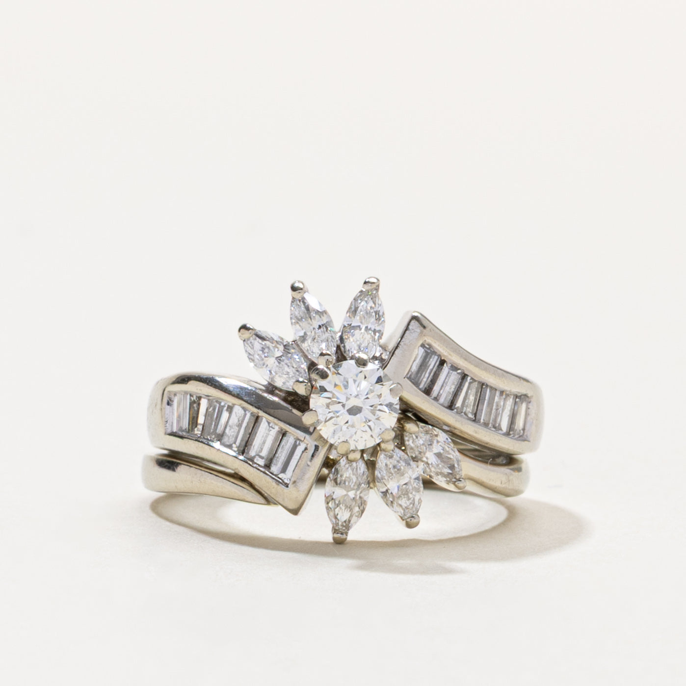 Diamond Petal Halo Bypass Wedding Ring Set | 0.27ct SI1/SI2 J, 0.72ctw | SZ 5.5