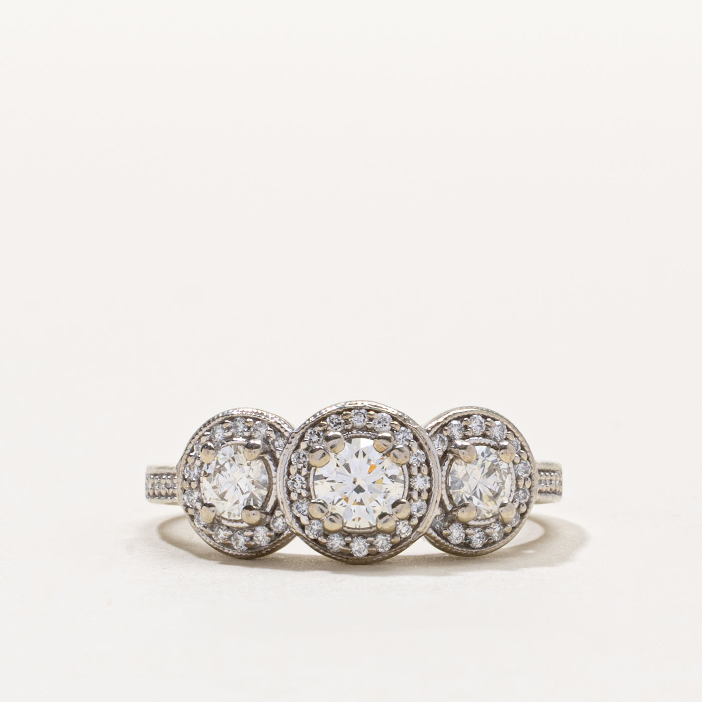 14k Three Stone Diamond Halo Ring | 0.90ctw | SZ 9.25