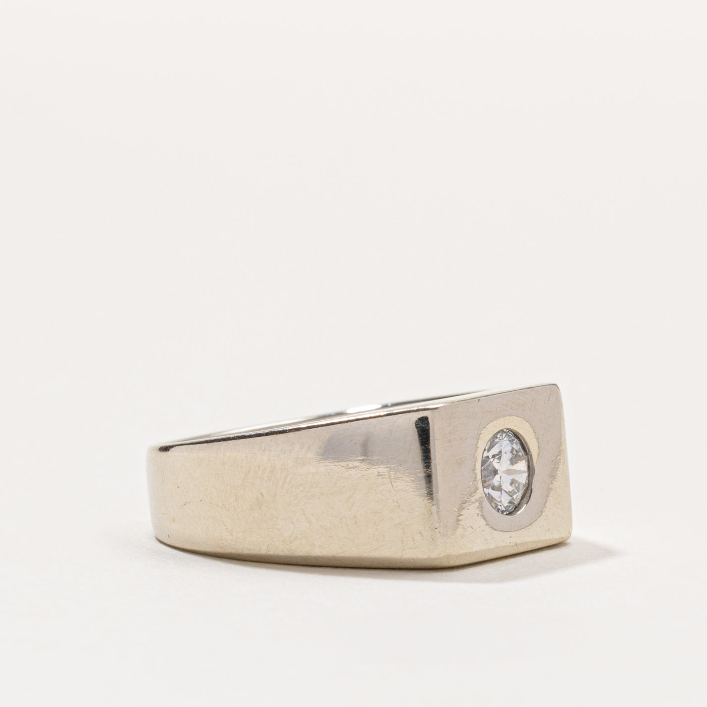 14k Flush Set Round Brilliant Cut Diamond Signet Ring | 0.50ct SI2 H | SZ 10.25