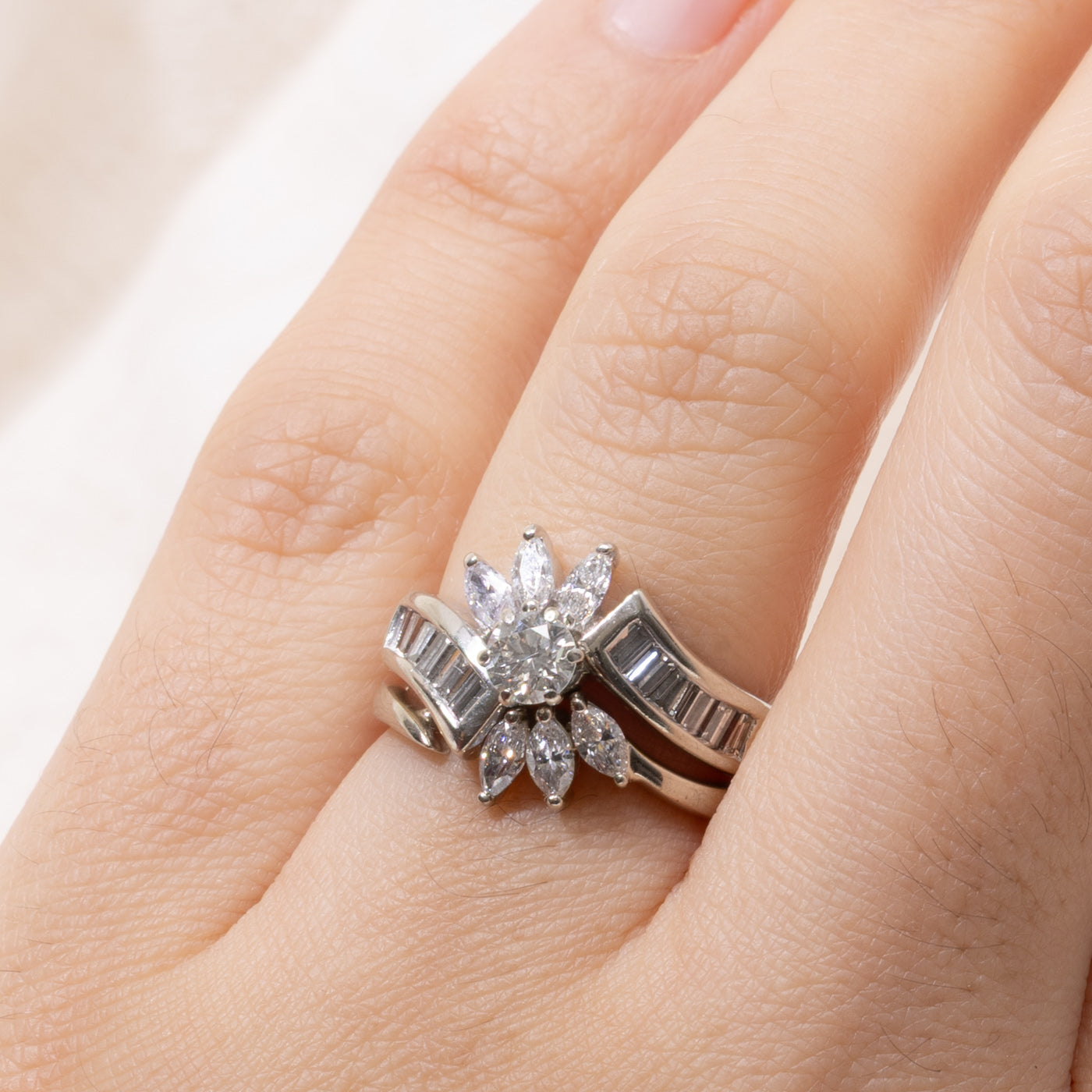 Diamond Petal Halo Bypass Wedding Ring Set | 0.27ct SI1/SI2 J, 0.72ctw | SZ 5.5