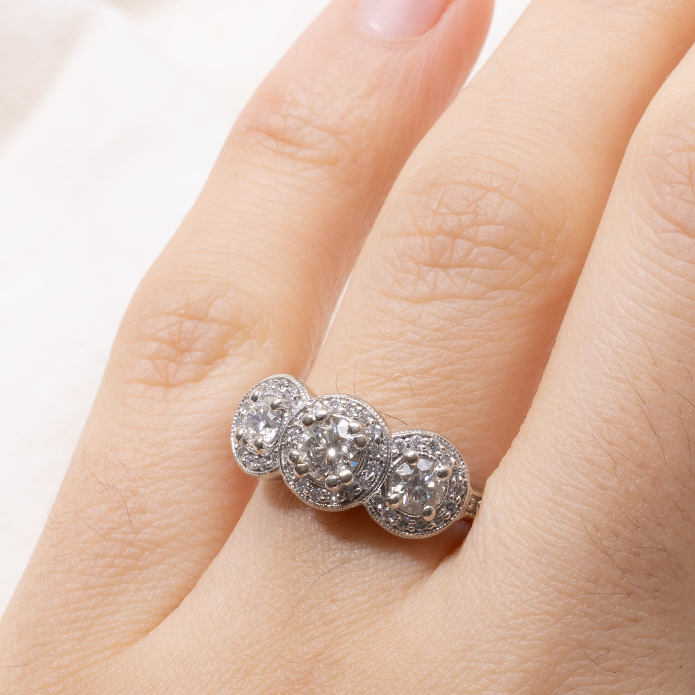 14k Three Stone Diamond Halo Ring | 0.90ctw | SZ 9.25