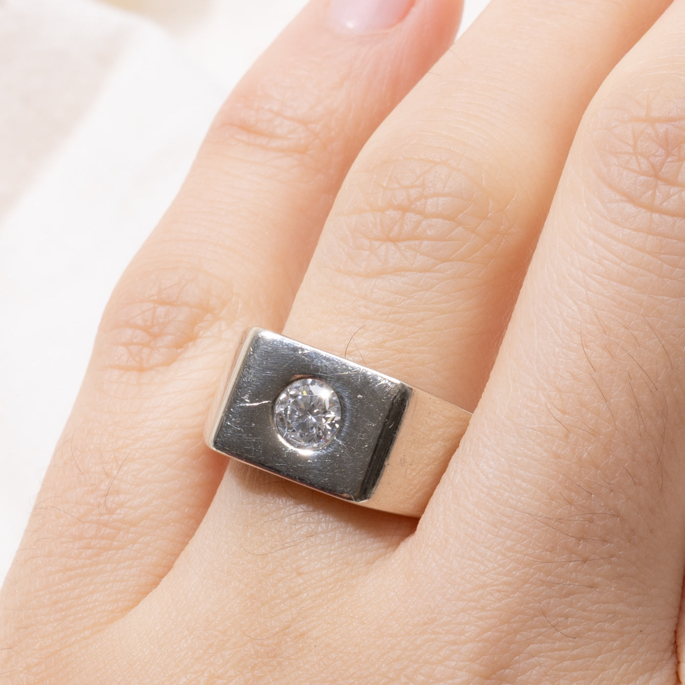 14k Flush Set Round Brilliant Cut Diamond Signet Ring | 0.50ct SI2 H | SZ 10.25