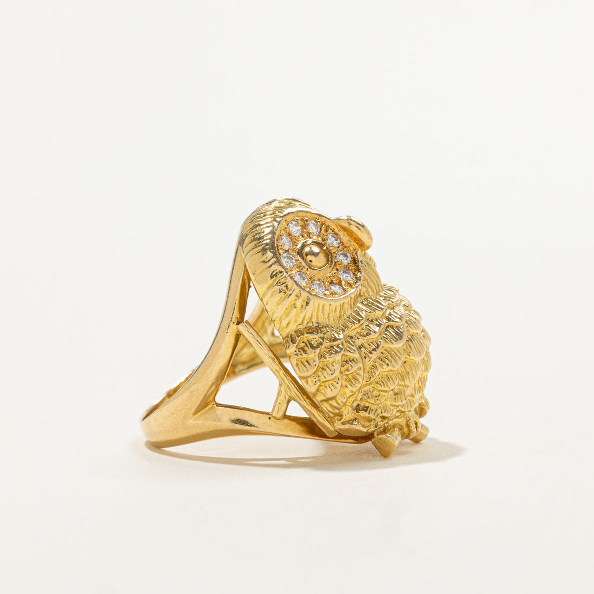 18k Diamond Accented Textured Owl Ring | 0.13ctw | SZ 7.5