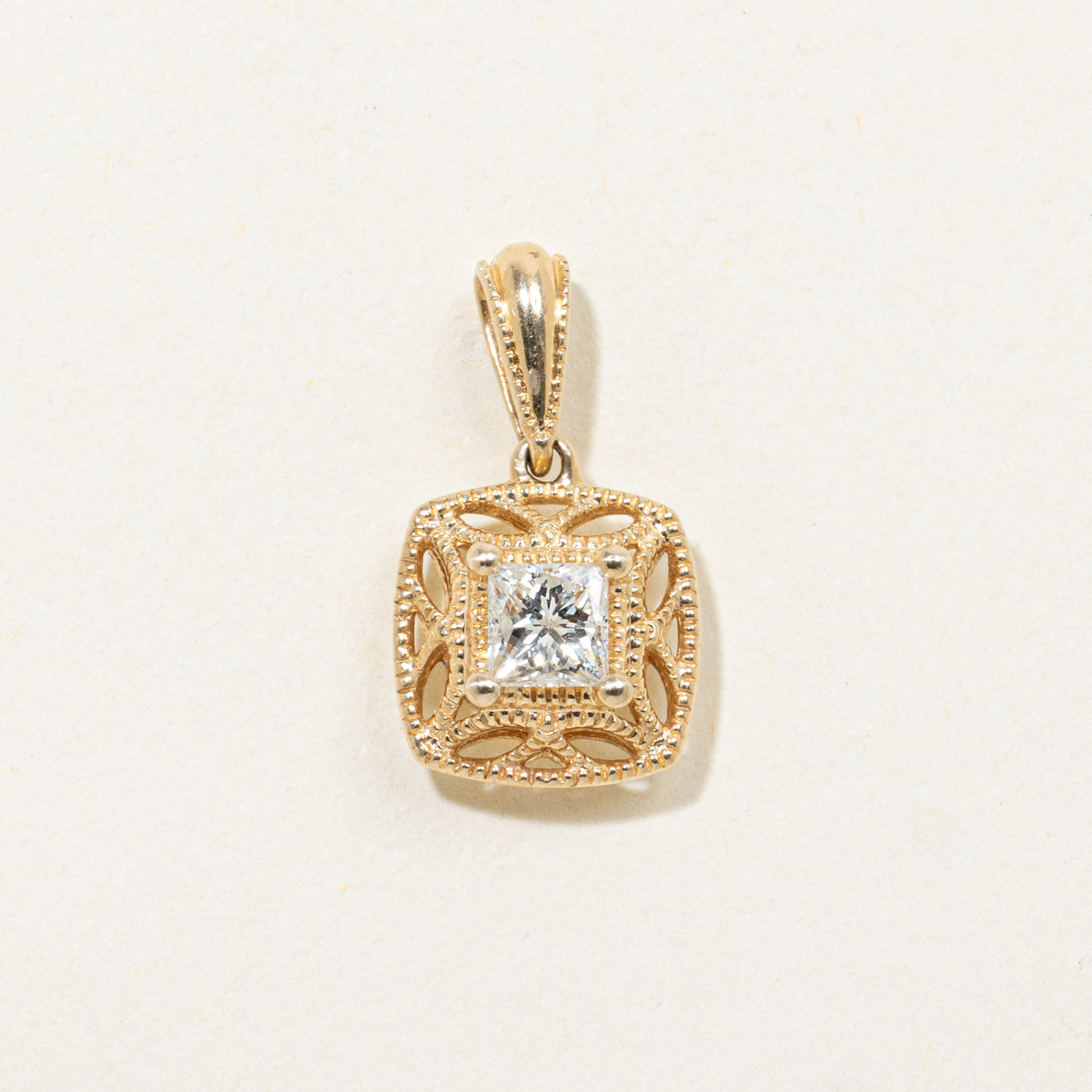 14k Princess Cut Diamond Ornate Milgrain Pendant | 0.33ct VS1/VS2 F/G