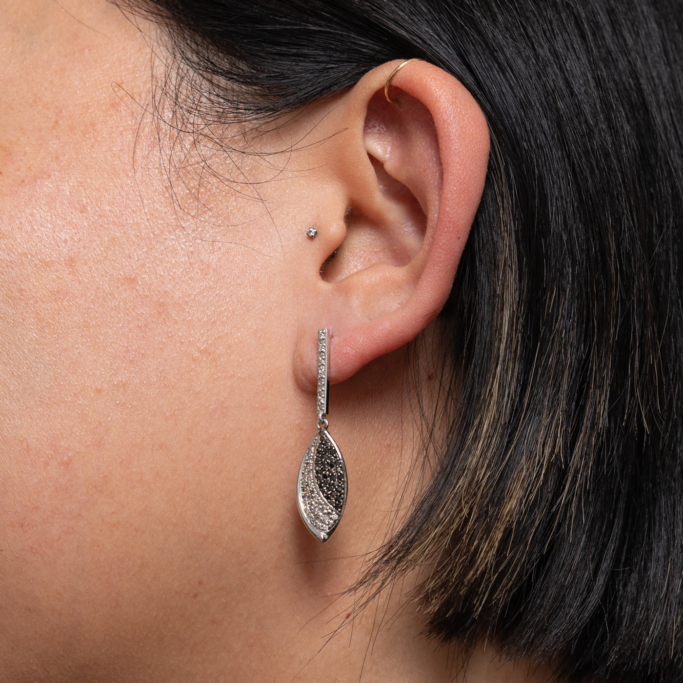 10k Black & White Diamond Marquise Shaped Drop Earrings | 0.18ctw