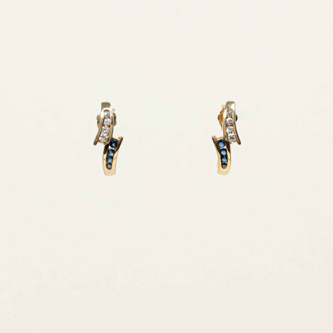 14k Channel Set Sapphire & Diamond Half Huggie Earrings | 0.15ctw, 0.12ctw