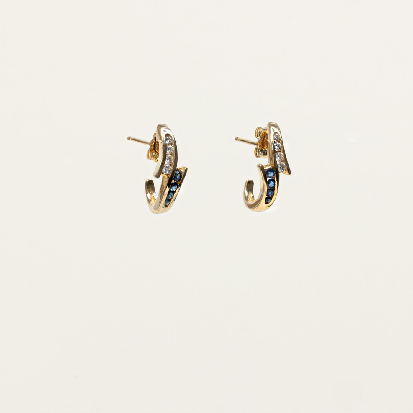 14k Channel Set Sapphire & Diamond Half Huggie Earrings | 0.15ctw, 0.12ctw