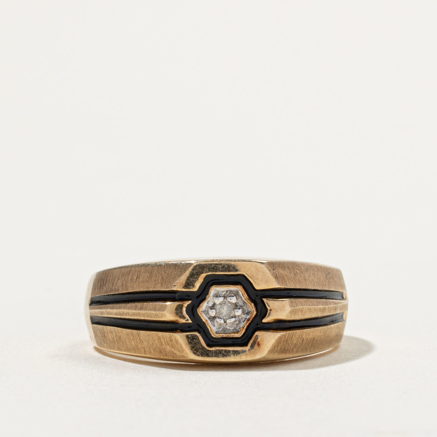 10k Diamond Hexagon Grooved Signet Ring | SZ 10