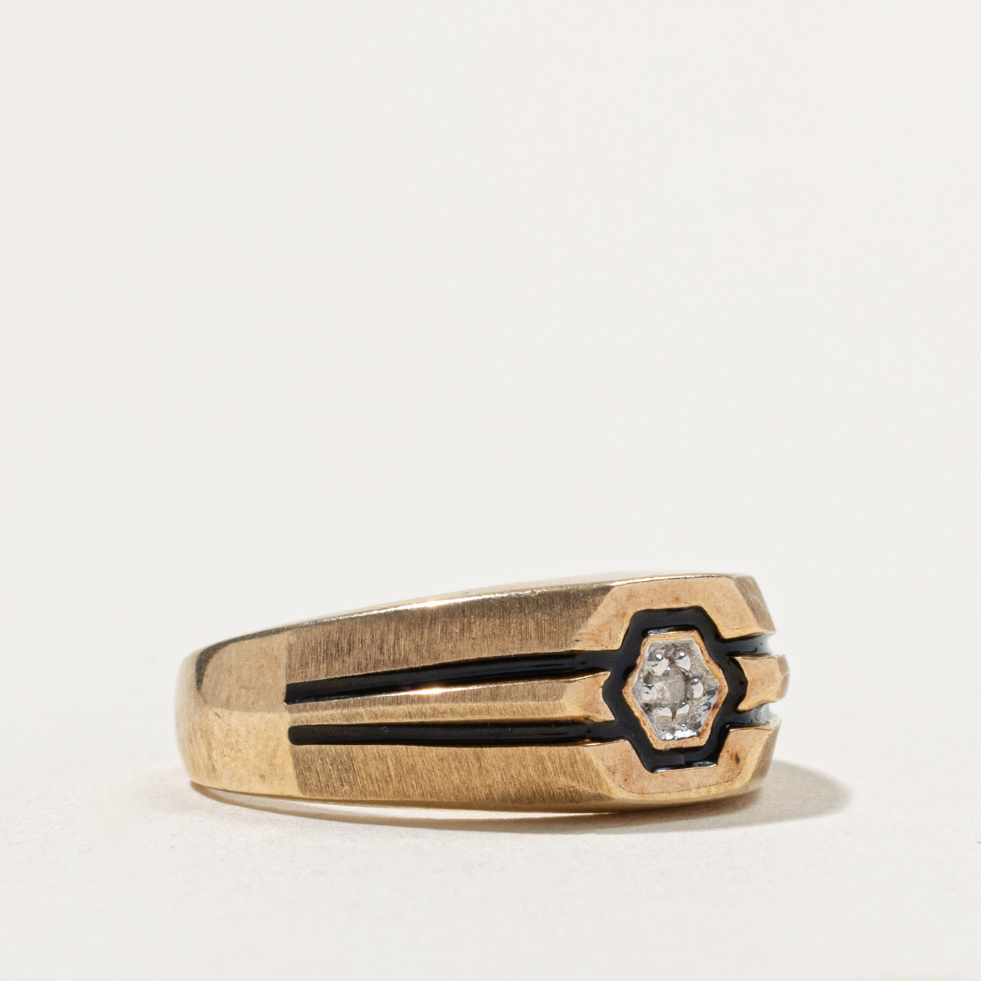 10k Diamond Hexagon Grooved Signet Ring | SZ 10