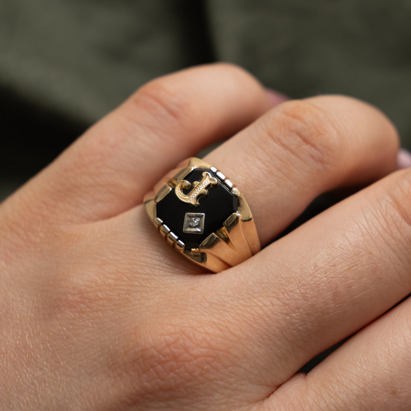 10k Onyx & Diamond "J" Initial Signet Ring | 1.80ct, 0.003ctw | SZ 7.75