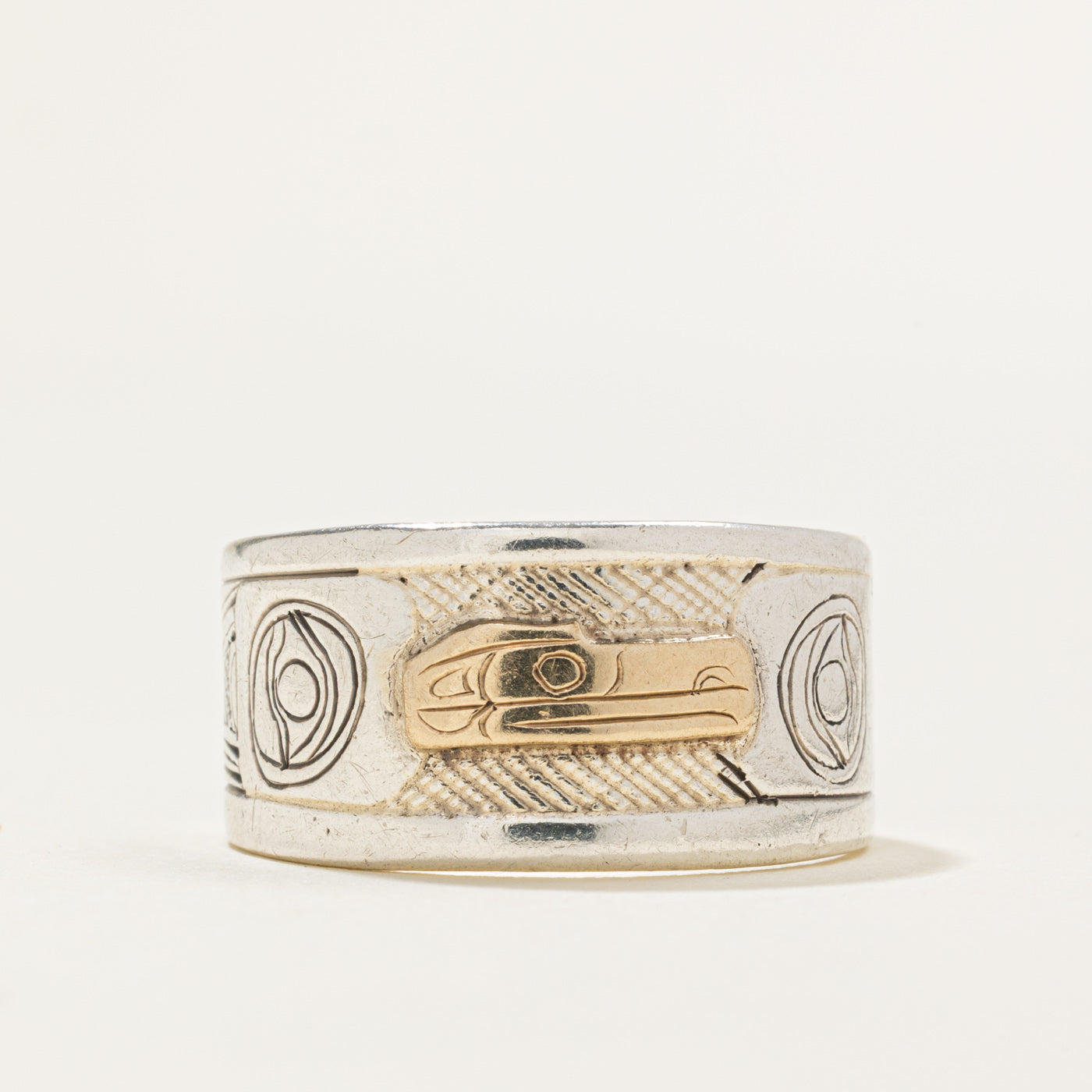 Sterling Silver & 14k Gold Indigenous Carved Raven Ring | SZ 9.5