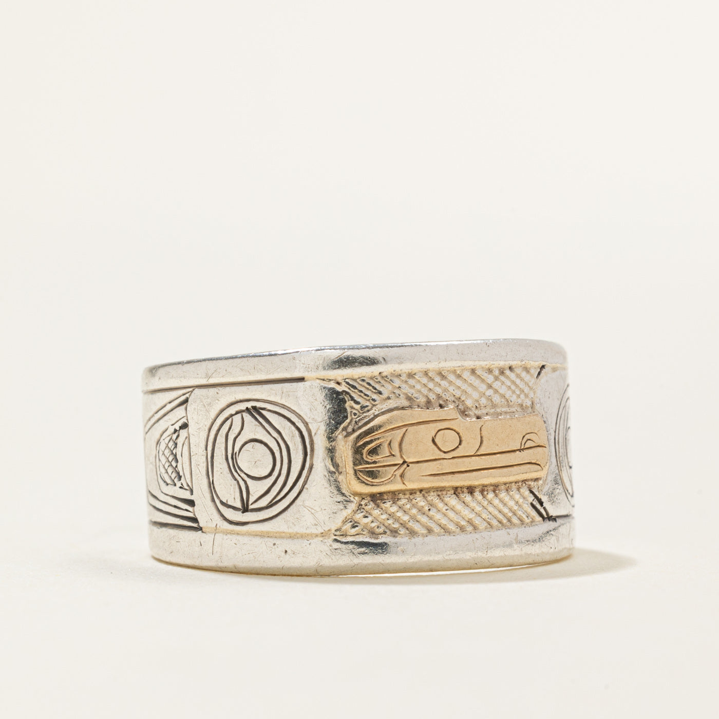 Sterling Silver & 14k Gold Indigenous Carved Raven Ring | SZ 9.5