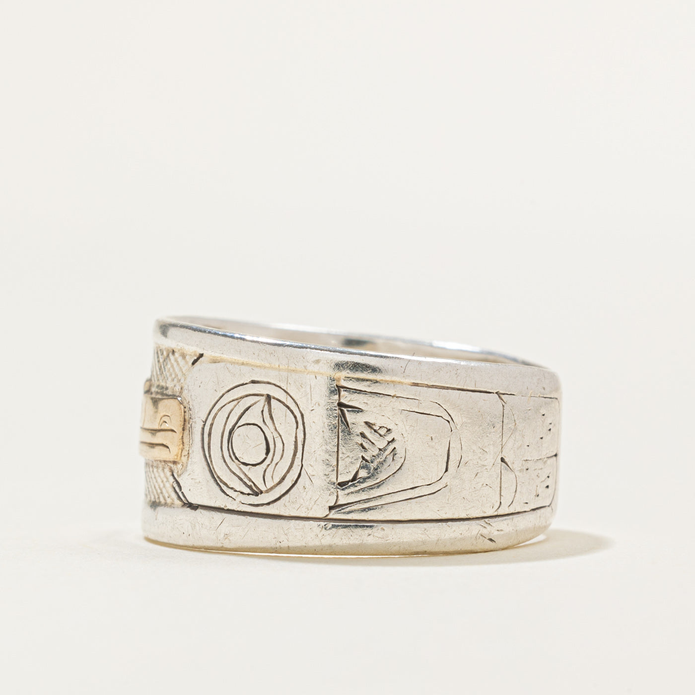 Sterling Silver & 14k Gold Indigenous Carved Raven Ring | SZ 9.5