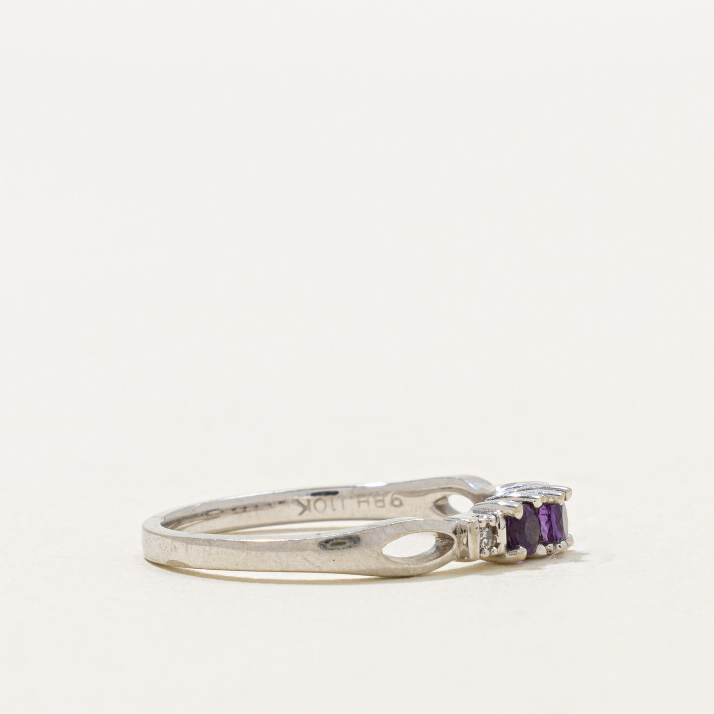 10k Three Stone Amethyst & Diamond Accented Ring | 0.20ctw, 0.02ctw | SZ 6.5