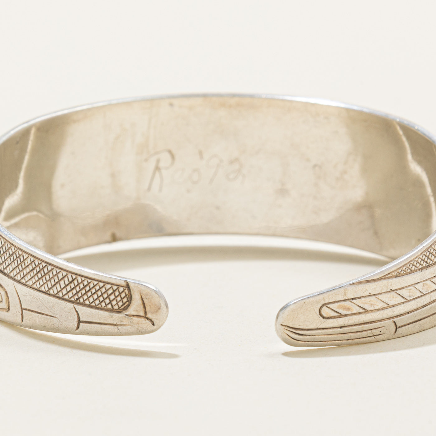 Sterling Silver Indigenous Carved Wolf Cuff | 6"