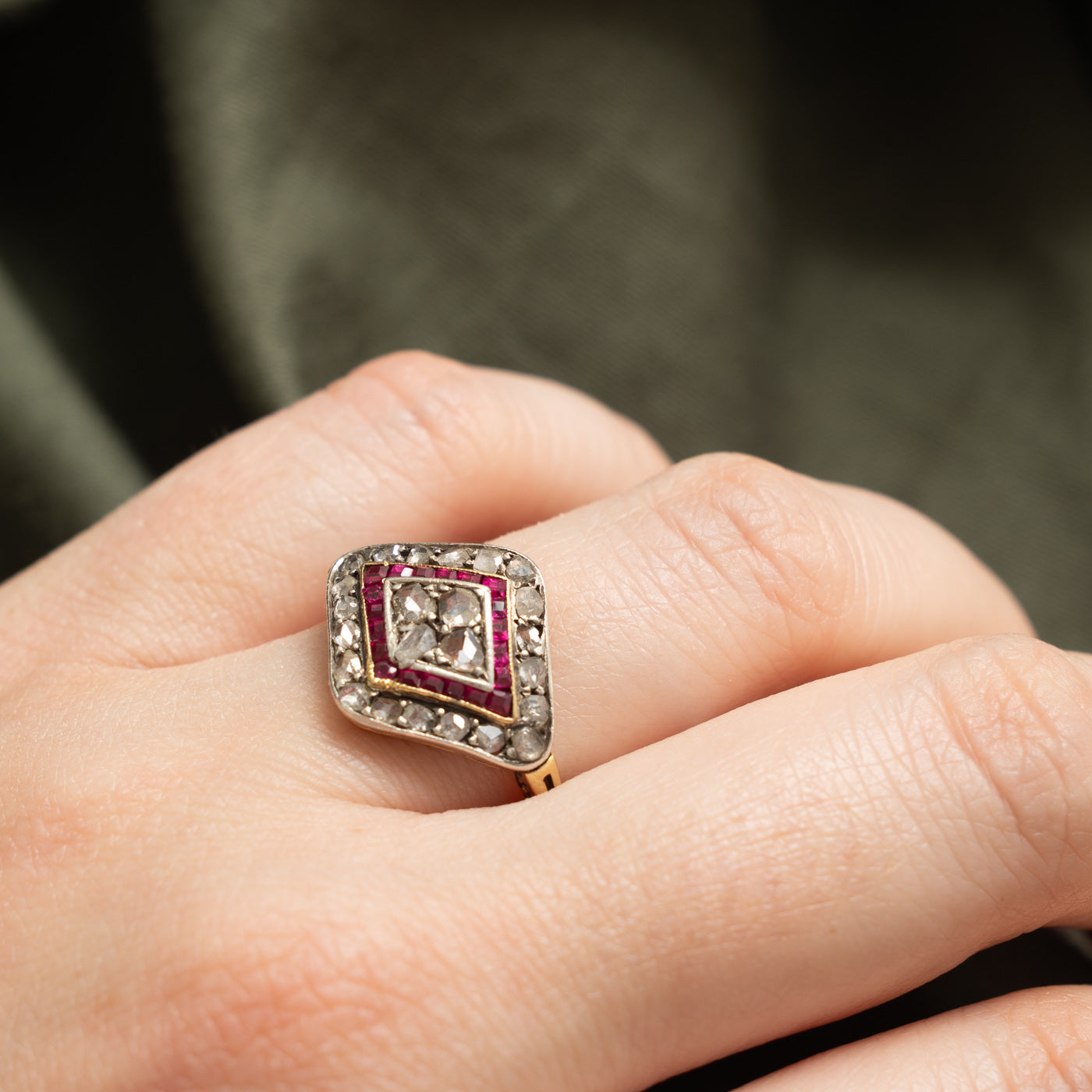 Antique Synthetic Ruby & Rose Cut Diamond Halo Cocktail Ring | 0.30ctw, 0.30ctw | SZ 5.75