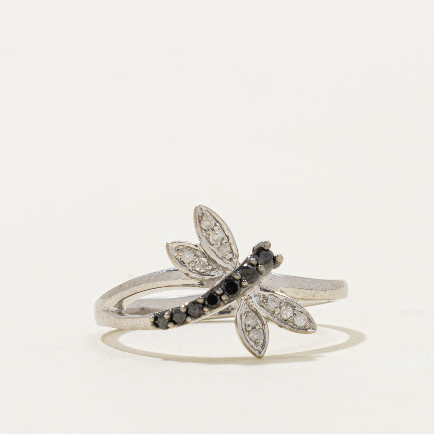 10k Black & White Diamond Dragonfly Ring | 0.10ctw | SZ 7.25