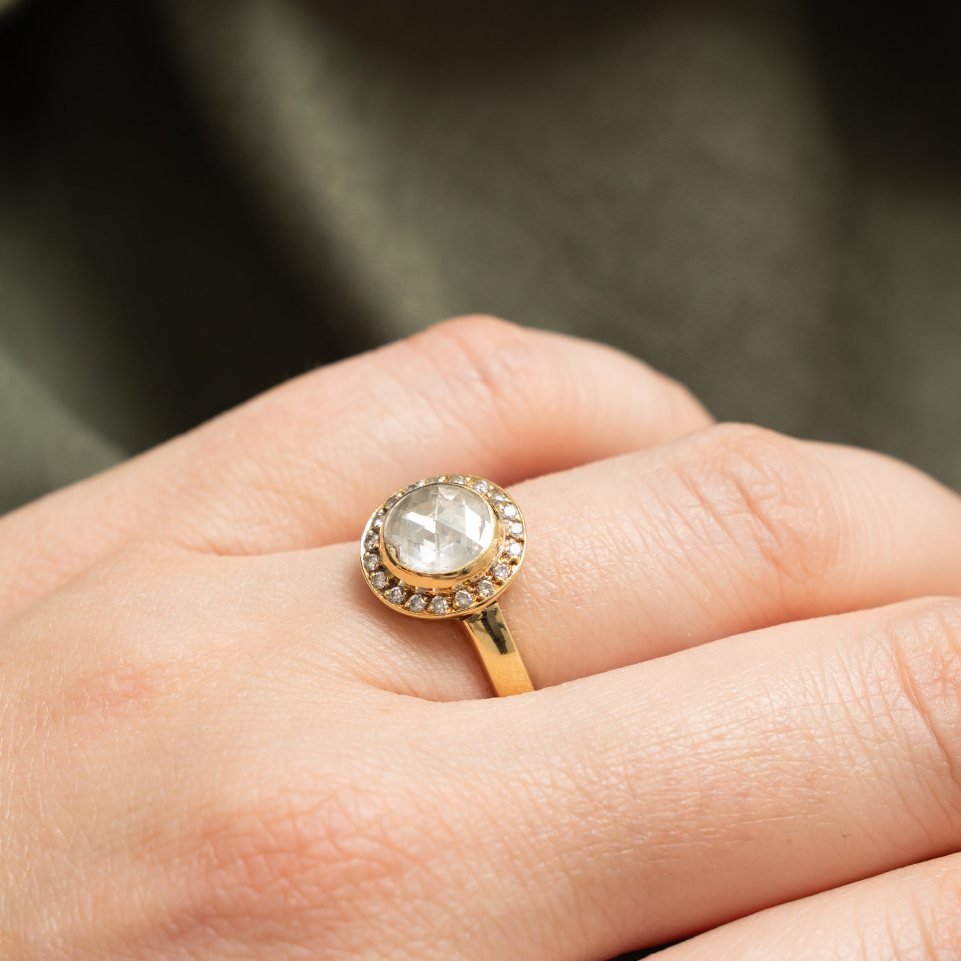 18k Rose Cut Diamond Halo Ring | 0.75ct I1 J/K, 0.15ctw | SZ 6.25