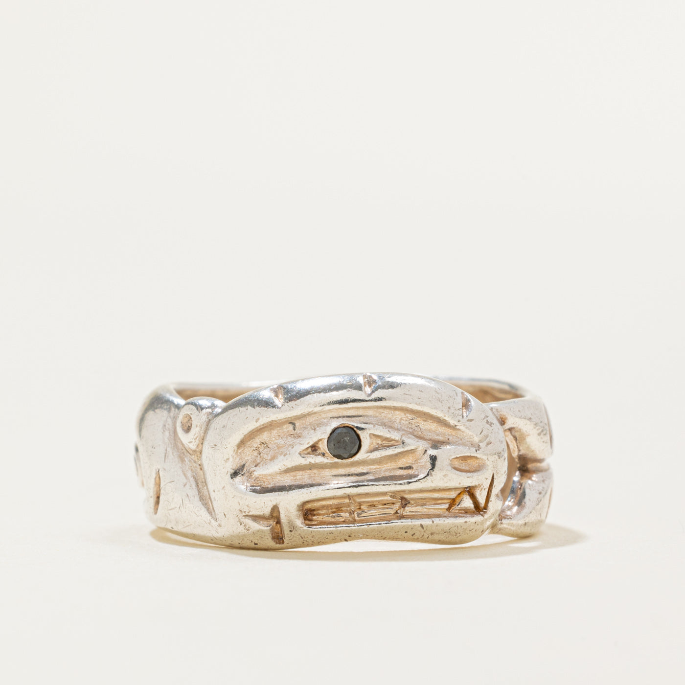 'David Neel' Sterling Silver Black Diamond Indigenous Orca Ring | 0.01ct | SZ 6.0