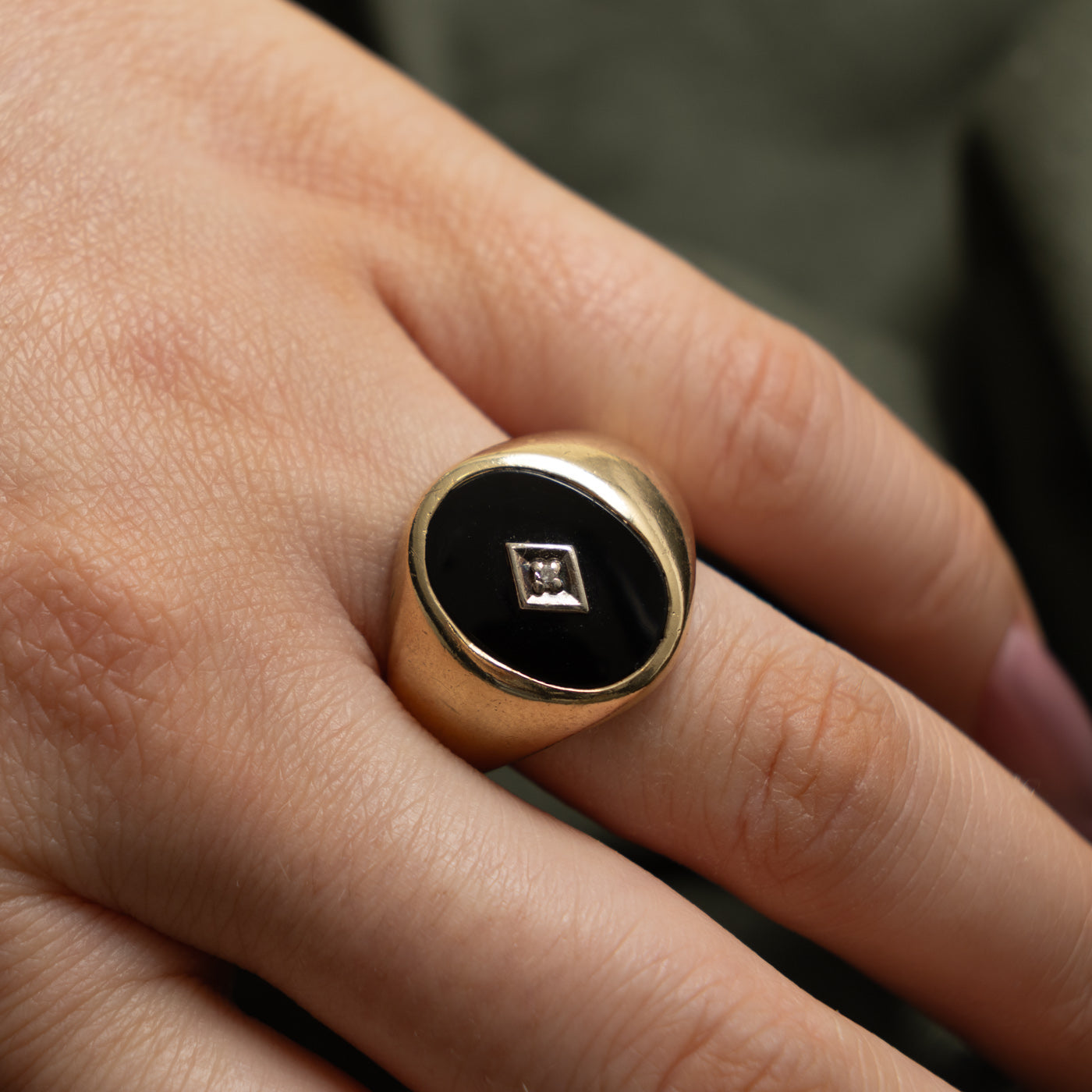 10k Oval Onyx & Diamond Accented Signet Ring | 3.50ct, 0.01ctw | SZ 10.25