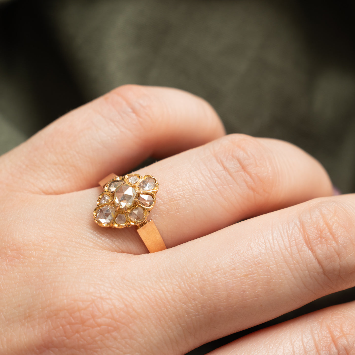 18k Rose Cut Diamond Cluster Navette Ring | 0.6 ctw | SZ 8