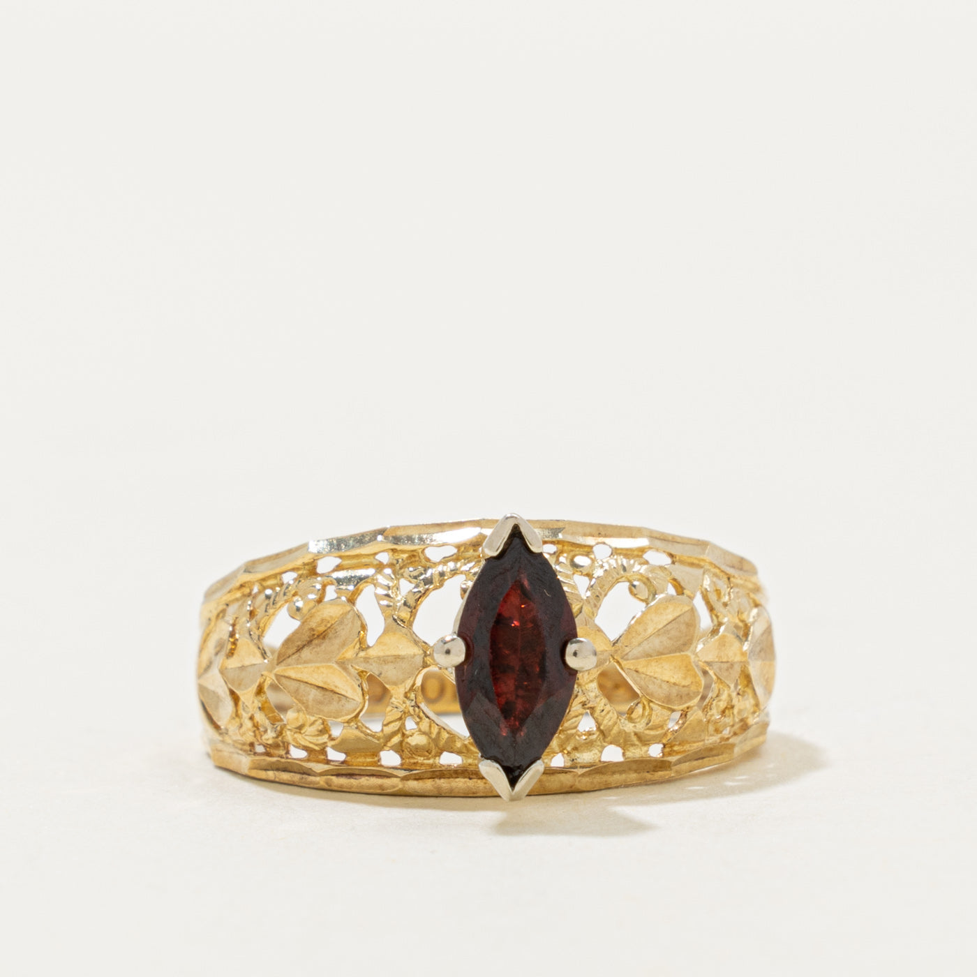 10k Marquise Cut Garnet Floral Openwork Ring | 0.50ct | SZ 7.25
