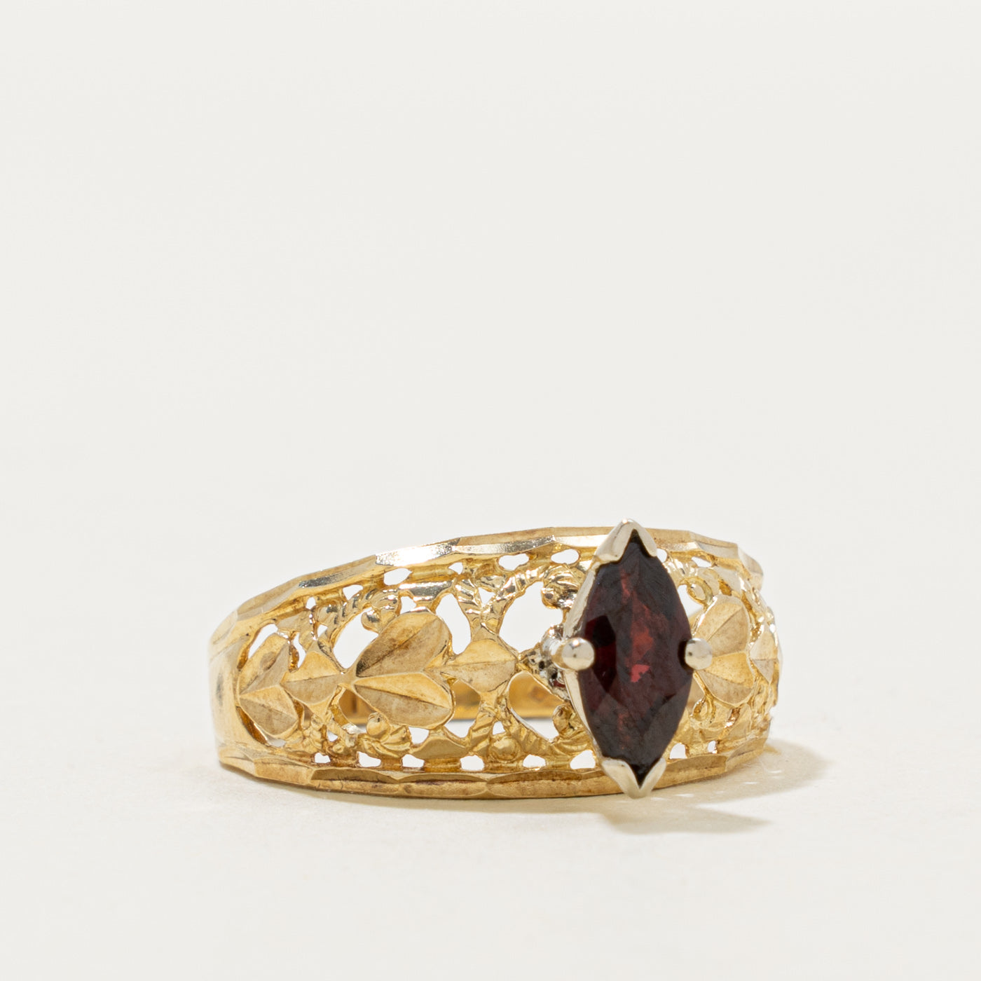 10k Marquise Cut Garnet Floral Openwork Ring | 0.50ct | SZ 7.25