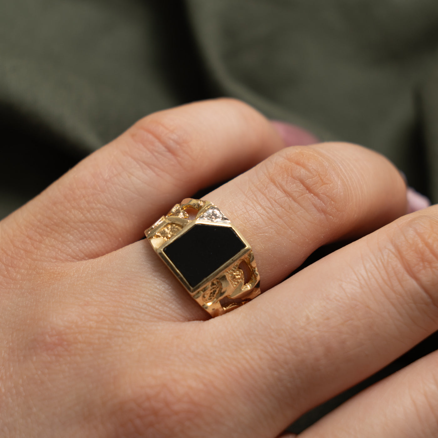 10k Onyx & Diamond Nuggety Signet Ring | 0.55ct, 0.002ctw | SZ 6.5