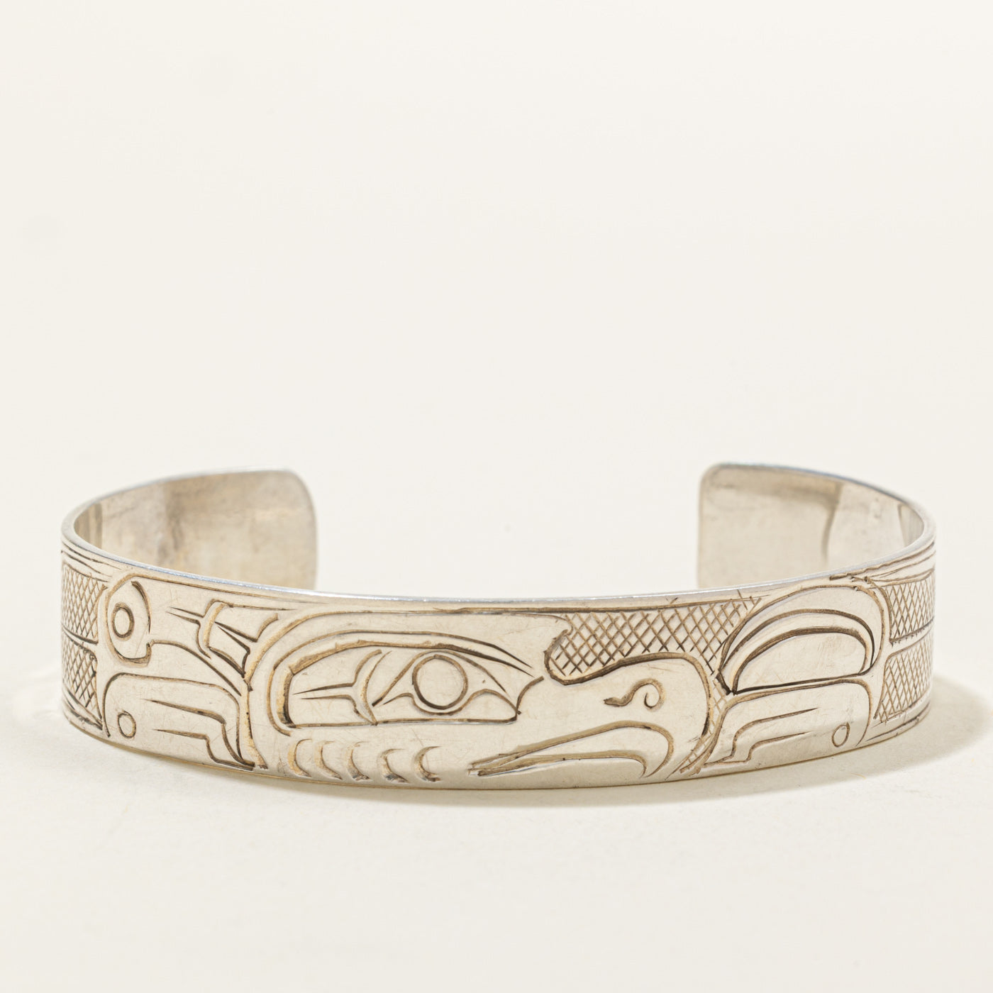 Sterling Silver Indigenous Carved Eagle Cuff | 6"