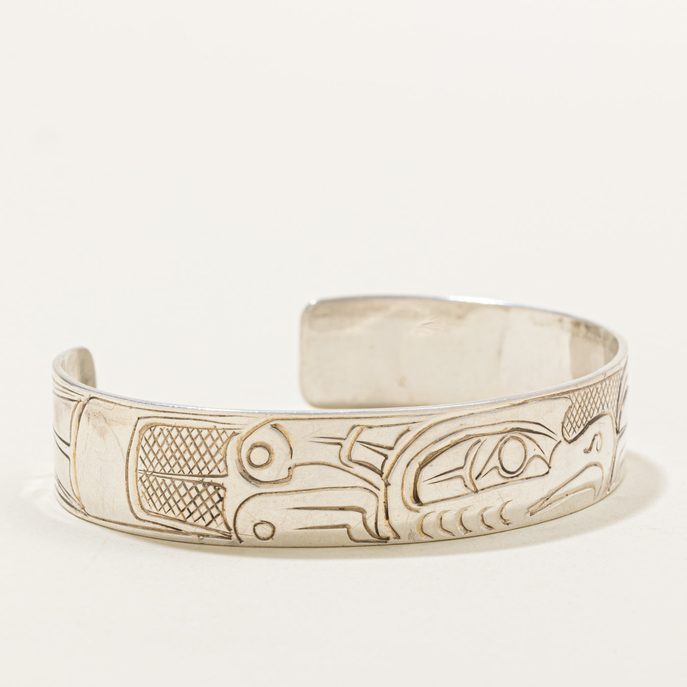 Sterling Silver Indigenous Carved Eagle Cuff | 6"