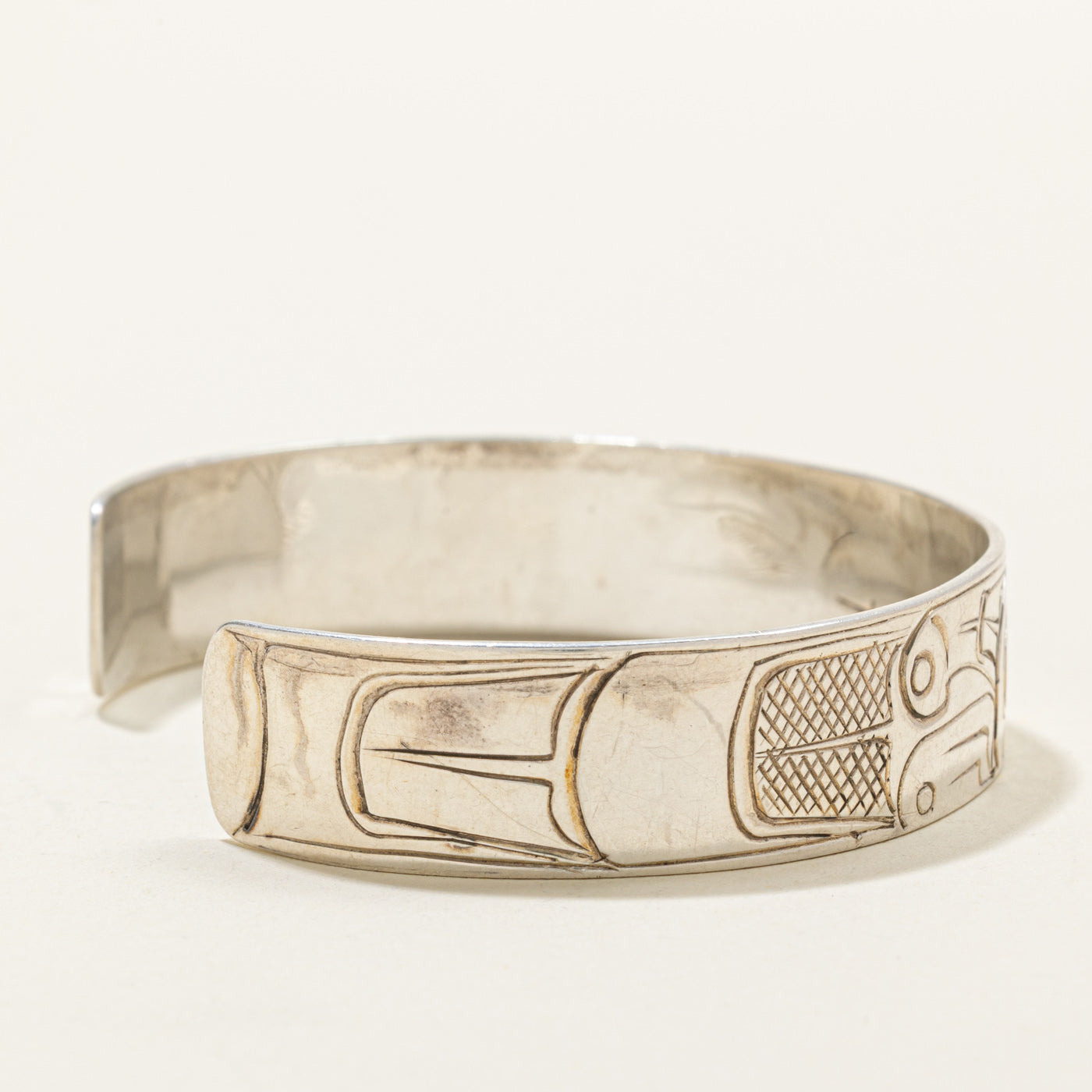 Sterling Silver Indigenous Carved Eagle Cuff | 6"
