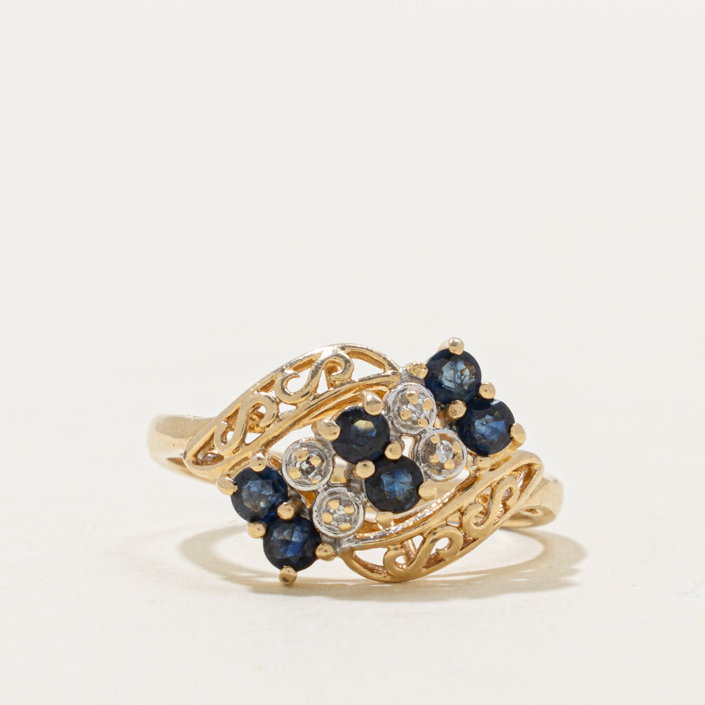 10k Multi Row Sapphire & Diamond Ornate Bypass Ring | 0.35ctw, 0.01ctw | SZ 7.5