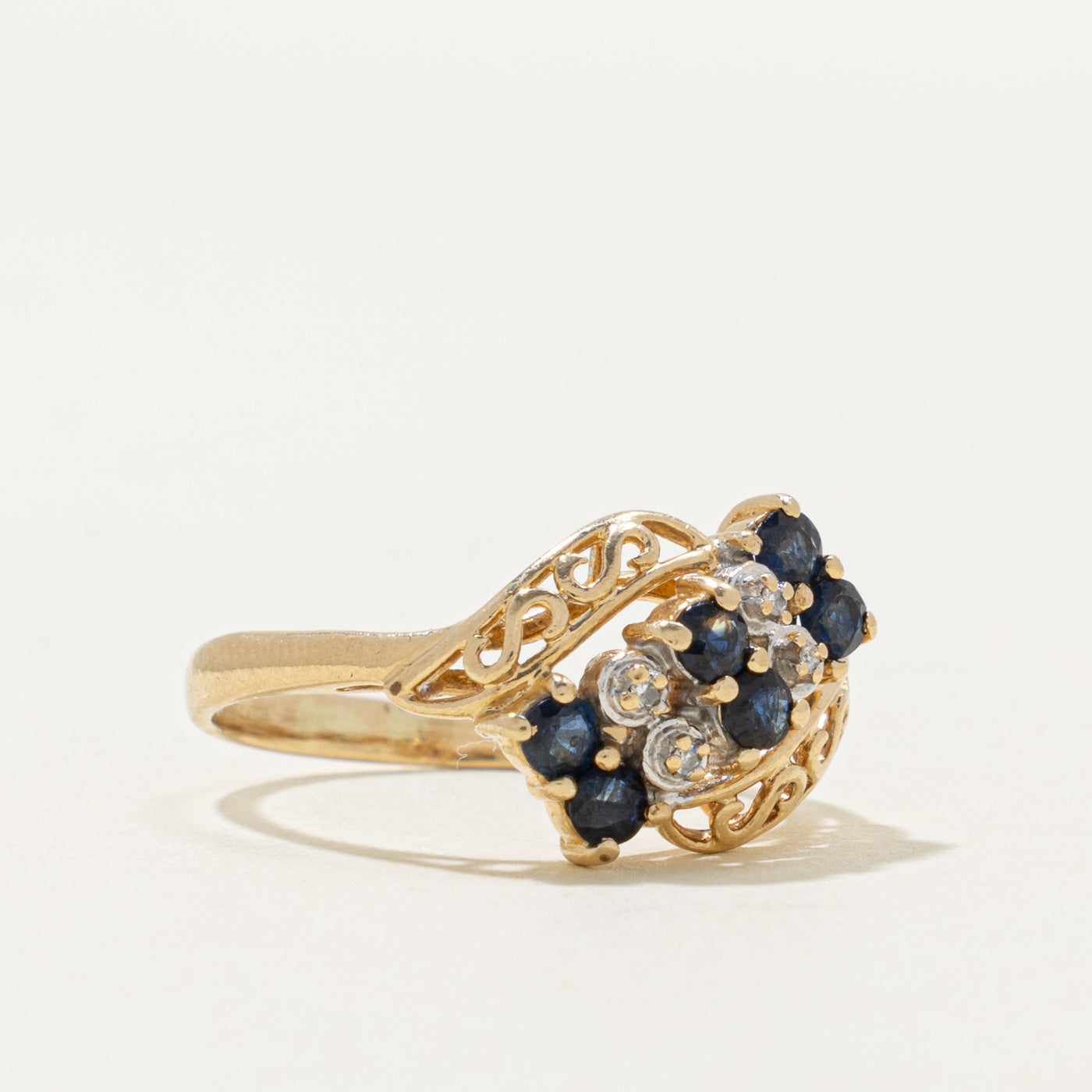 10k Multi Row Sapphire & Diamond Ornate Bypass Ring | 0.35ctw, 0.01ctw | SZ 7.5