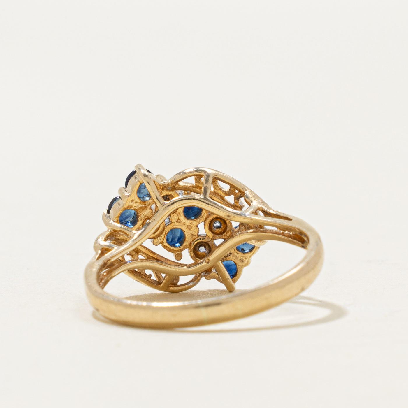 10k Multi Row Sapphire & Diamond Ornate Bypass Ring | 0.35ctw, 0.01ctw | SZ 7.5