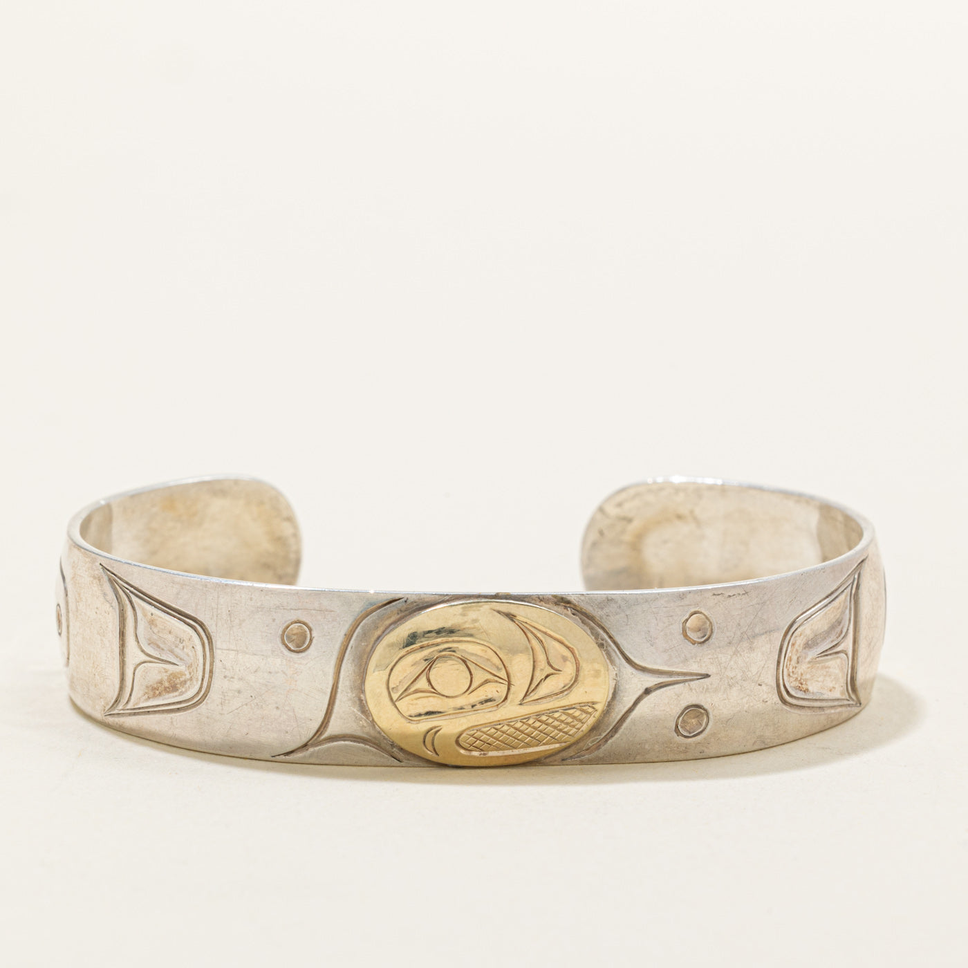 'David Neel' Sterling Silver & 14K Indigenous Carved Orca Cuff | 6"