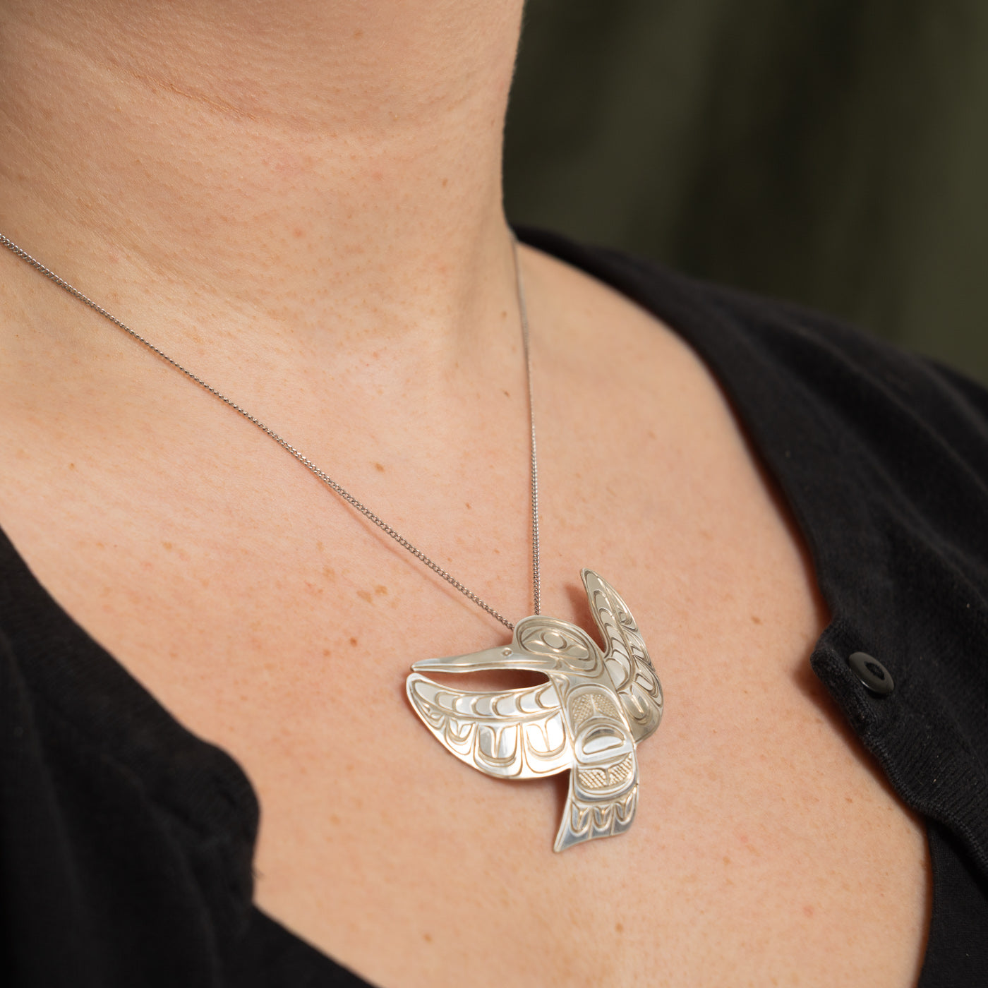 'Paddy Seaweed' Sterling Silver Indigenous Carved Hummingbird Pendant & Brooch