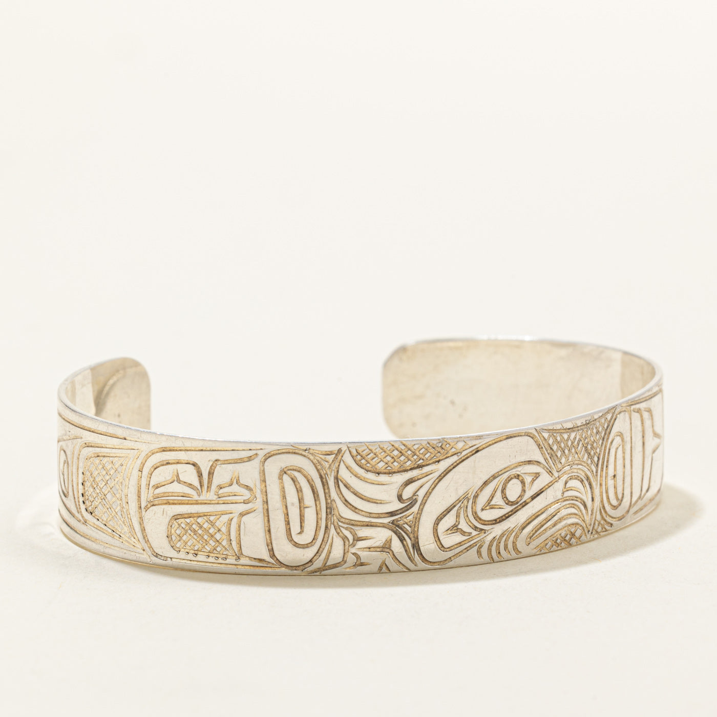 Sterling Silver Indigenous Carved Eagle Cuff | 6"