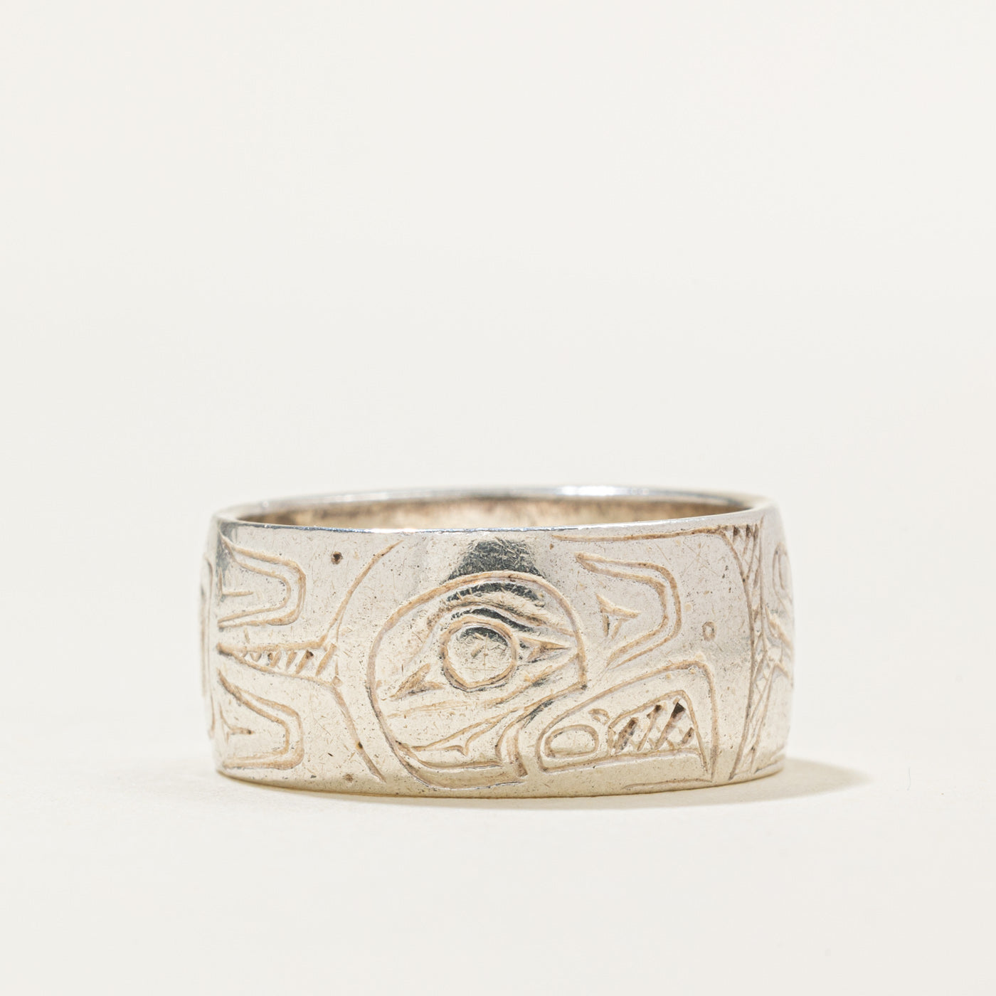 Sterling Silver Indigenous Carved Eagle & Thunderbird Split Design Ring | 9.1mm | SZ 7.75