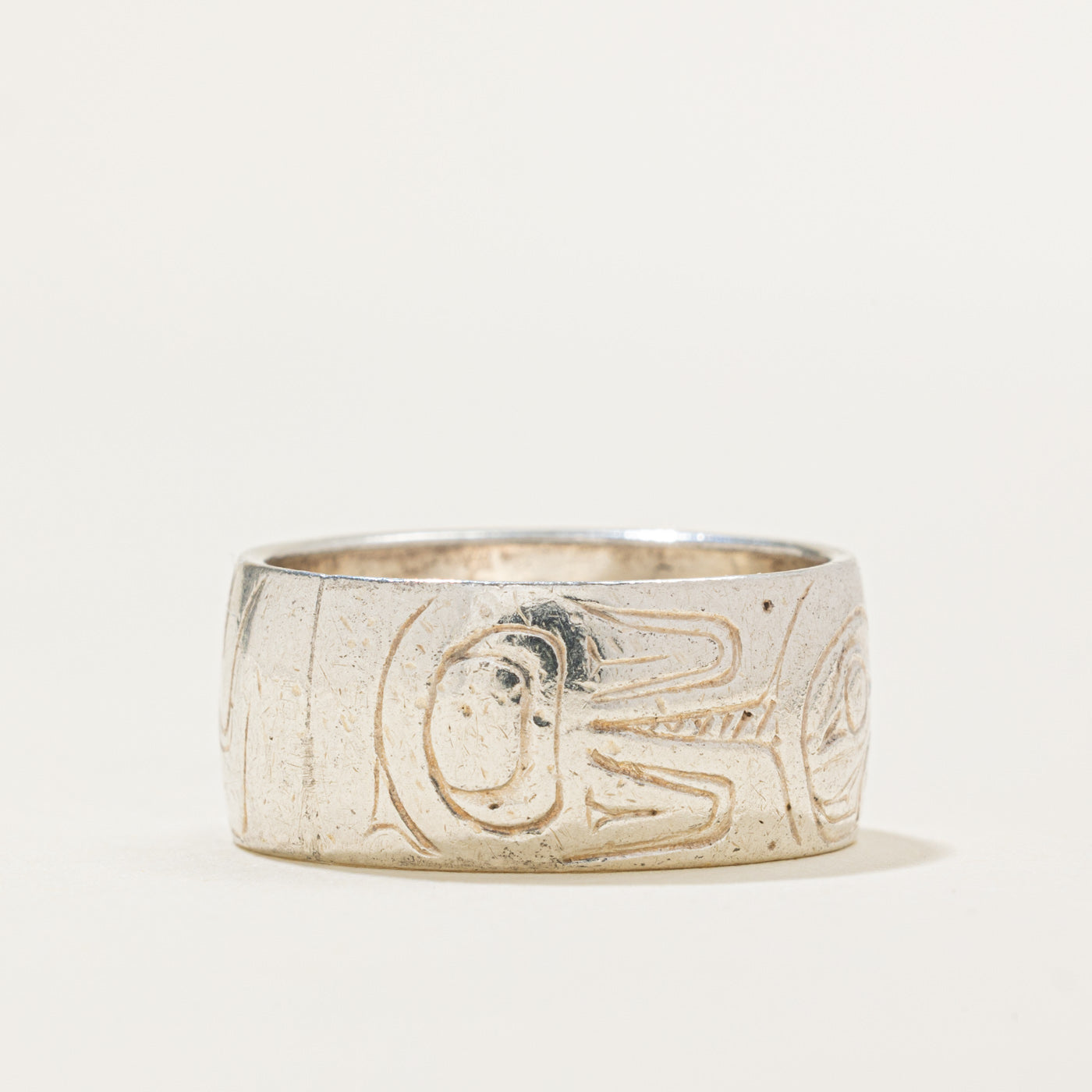 Sterling Silver Indigenous Carved Eagle & Thunderbird Split Design Ring | 9.1mm | SZ 7.75