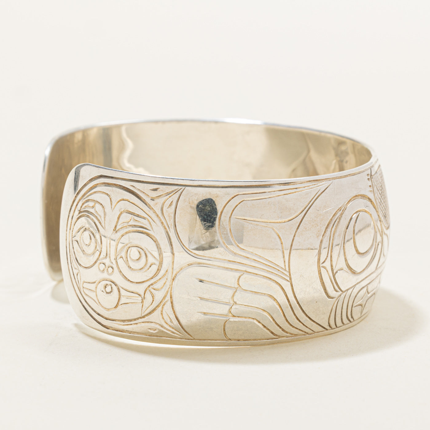 'Randy Wisla' Sterling Silver Indigenous Carved Eagle & Wolf & Moons Cuff | 7"