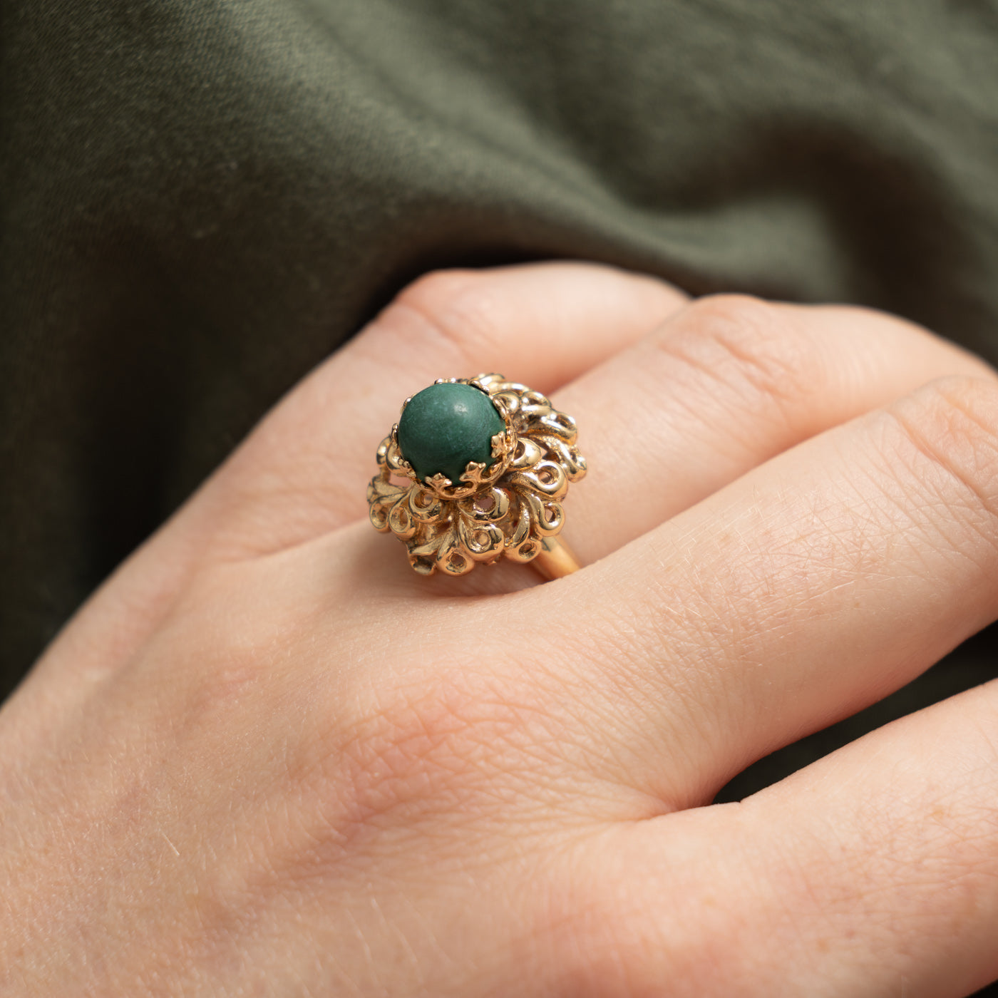 14k Malachite Ornate Floral Cocktail Ring | 3.00ct | SZ 6.75