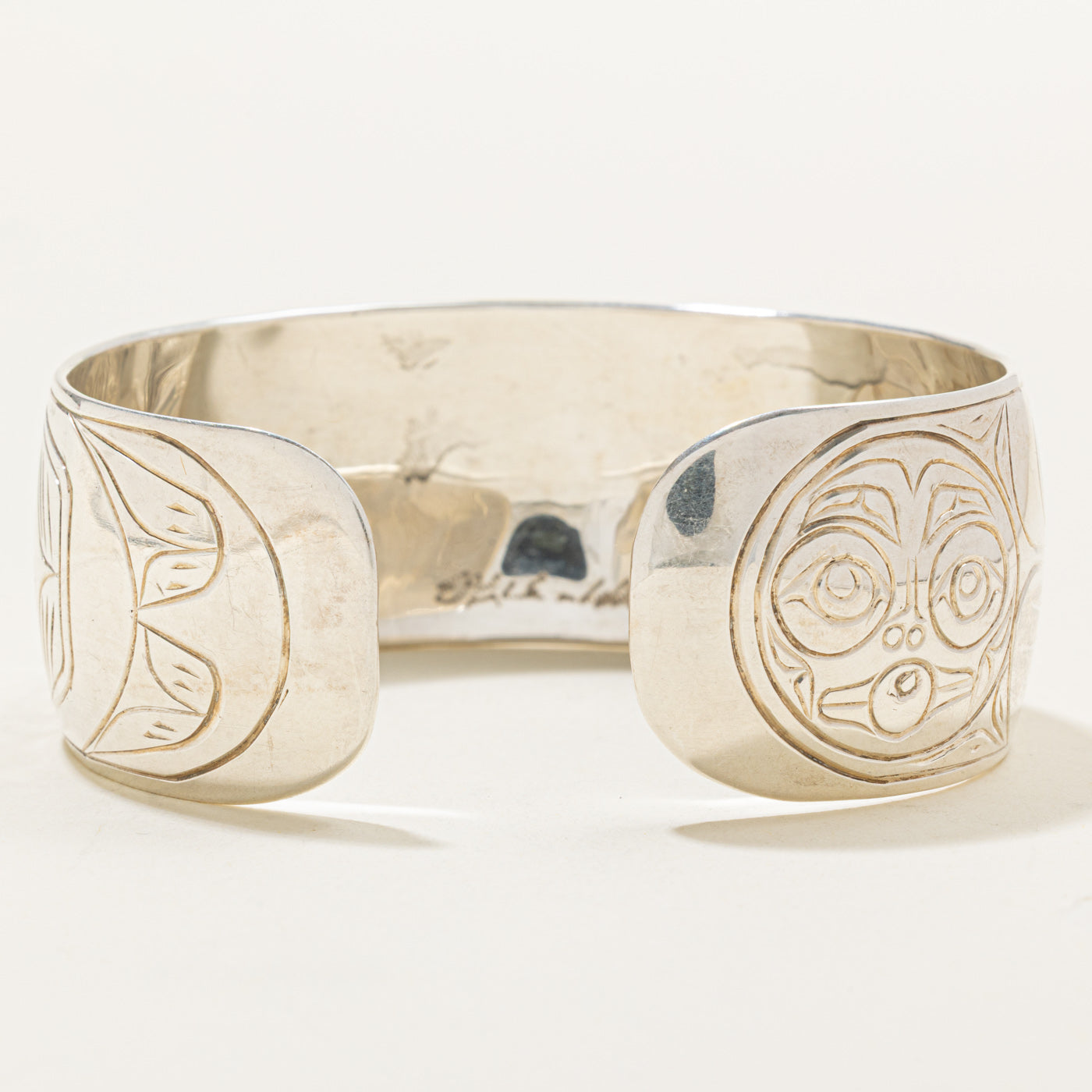 'Randy Wisla' Sterling Silver Indigenous Carved Eagle & Wolf & Moons Cuff | 7"