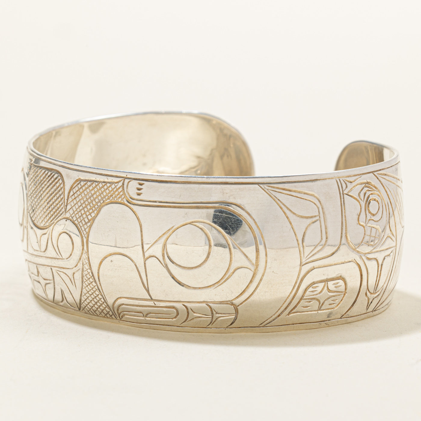 'Randy Wisla' Sterling Silver Indigenous Carved Eagle & Wolf & Moons Cuff | 7"