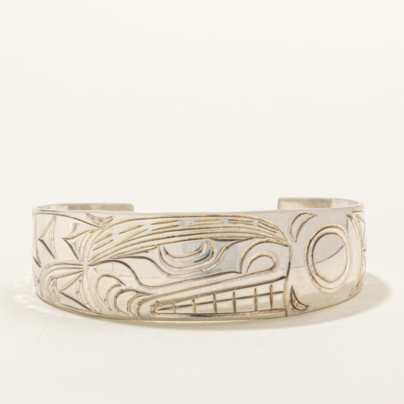 'Randy Wisla' Sterling Silver Indigenous Carved Eagle & Wolf & Moons Cuff | 6"