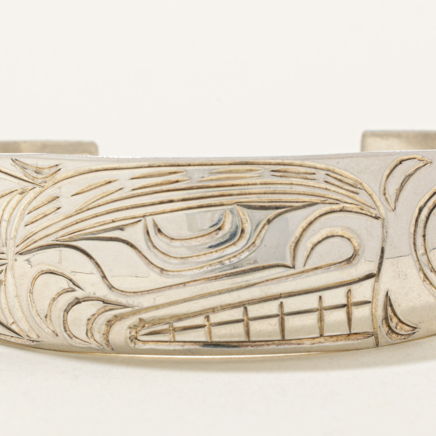 'Randy Wisla' Sterling Silver Indigenous Carved Eagle & Wolf & Moons Cuff | 6"