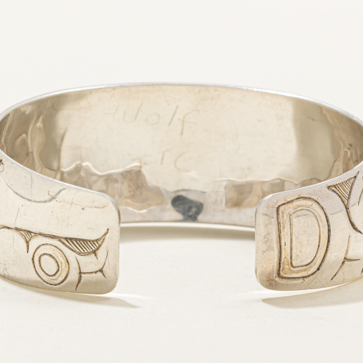 Sterling Silver Indigenous Carved Wolf Cuff | 6.5"